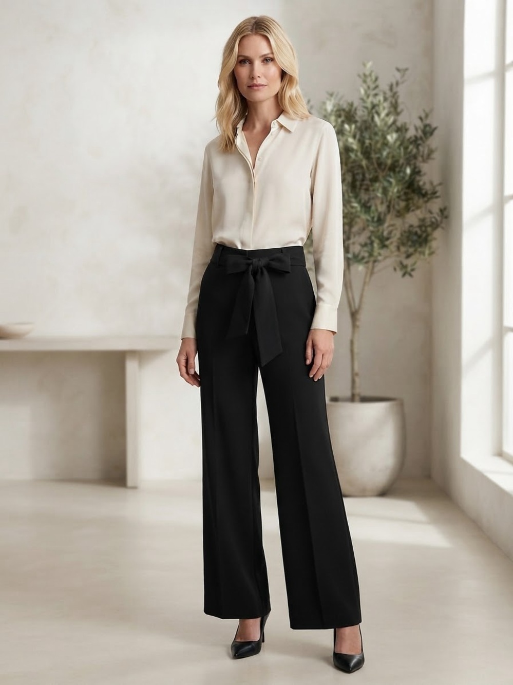 Avenue Black Wide-Leg High-Waist Pants with Tie Belt